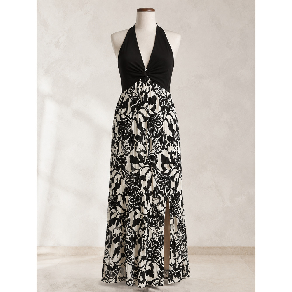 NWOT R&M Richards XL Black Ivory Floral Halter Maxi Dress Pleated Formal - Picture 2 of 7